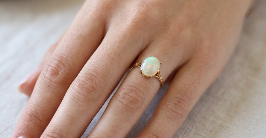 hand An 18 carat yellow gold* dress ring set with a large oval opal gemstone.