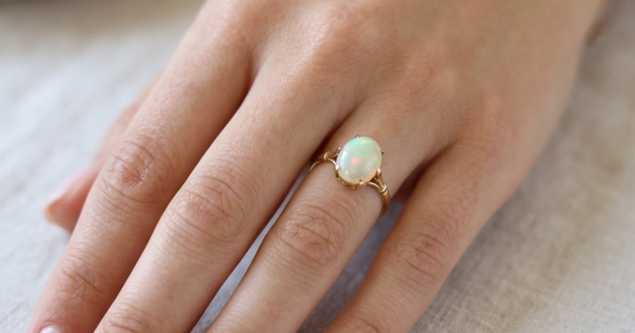 hand An 18 carat yellow gold* dress ring set with a large oval opal gemstone.