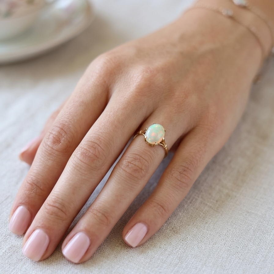 hand An 18 carat yellow gold* dress ring set with a large oval opal gemstone.