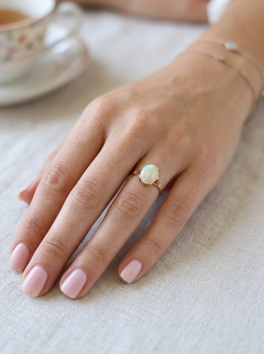 hand An 18 carat yellow gold* dress ring set with a large oval opal gemstone.