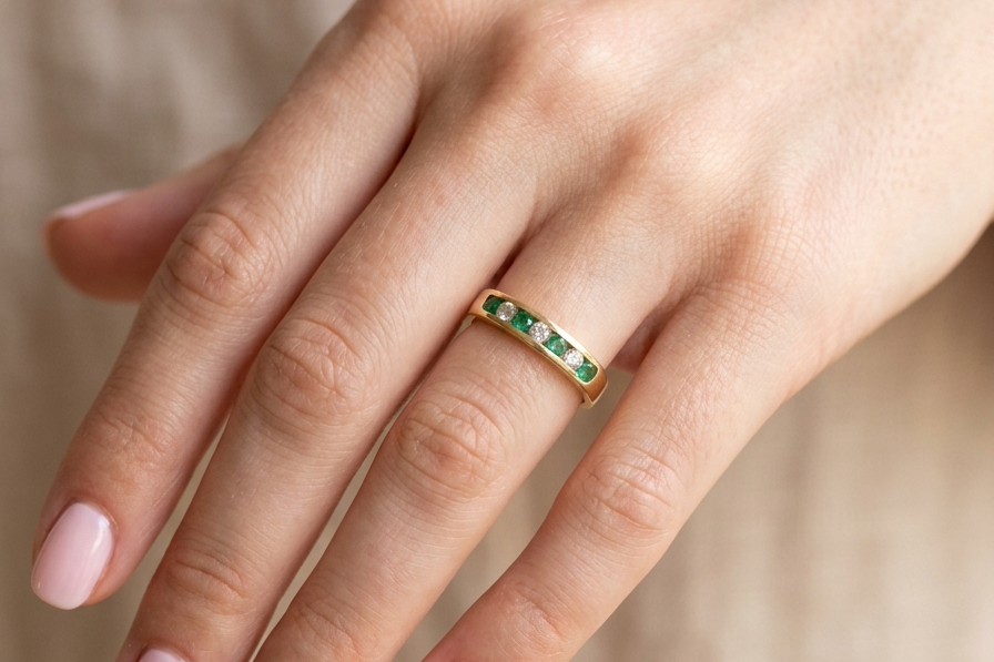 hand An 18 carat yellow gold half hoop eternity ring. Set with four round emeralds, each 3mm, and alternate set with brilliant cut white diamonds, each 3mm (total est 0.30 carats)