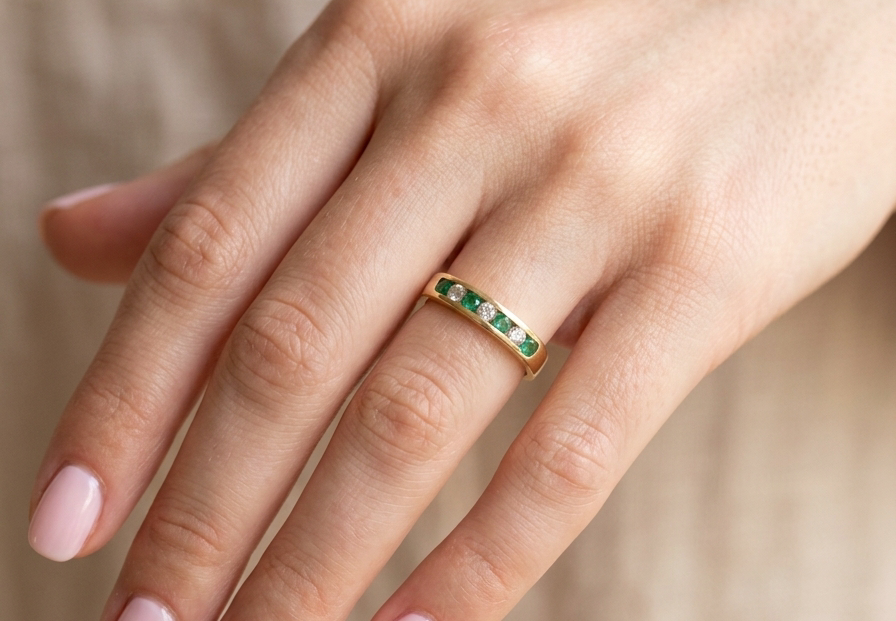hand An 18 carat yellow gold half hoop eternity ring. Set with four round emeralds, each 3mm, and alternate set with brilliant cut white diamonds, each 3mm (total est 0.30 carats)