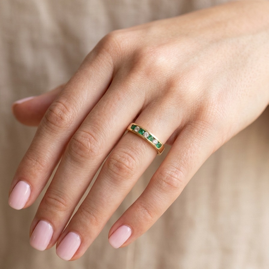 hand An 18 carat yellow gold half hoop eternity ring. Set with four round emeralds, each 3mm, and alternate set with brilliant cut white diamonds, each 3mm (total est 0.30 carats)