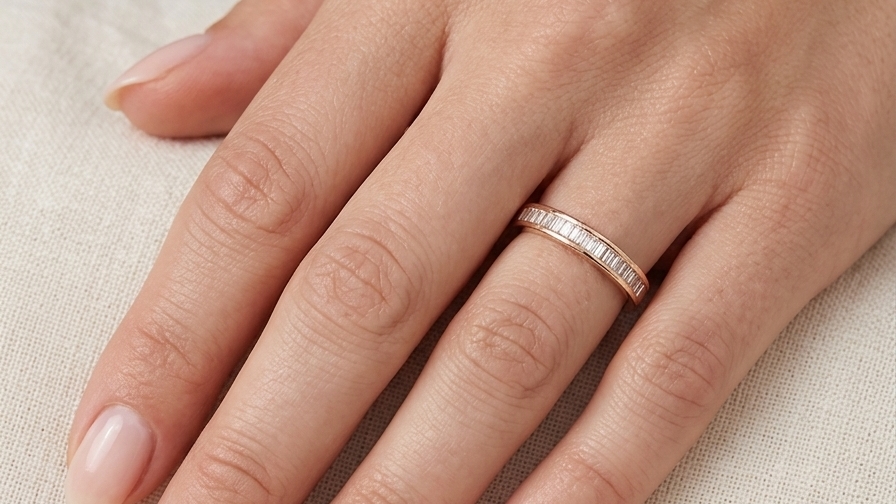 hand An 18 carat yellow gold half hoop eternity ring.
Set with thirty baguette cut white diamonds,
