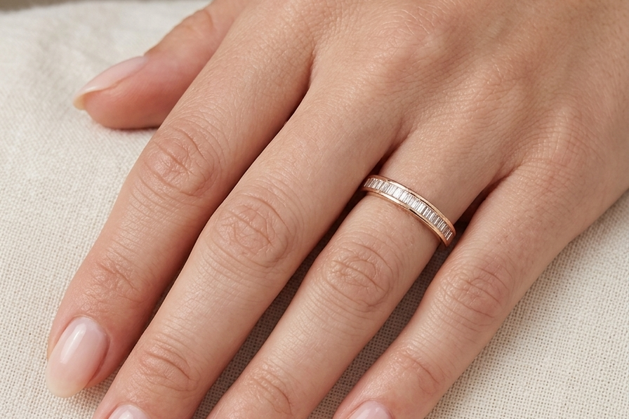 hand An 18 carat yellow gold half hoop eternity ring.
Set with thirty baguette cut white diamonds,