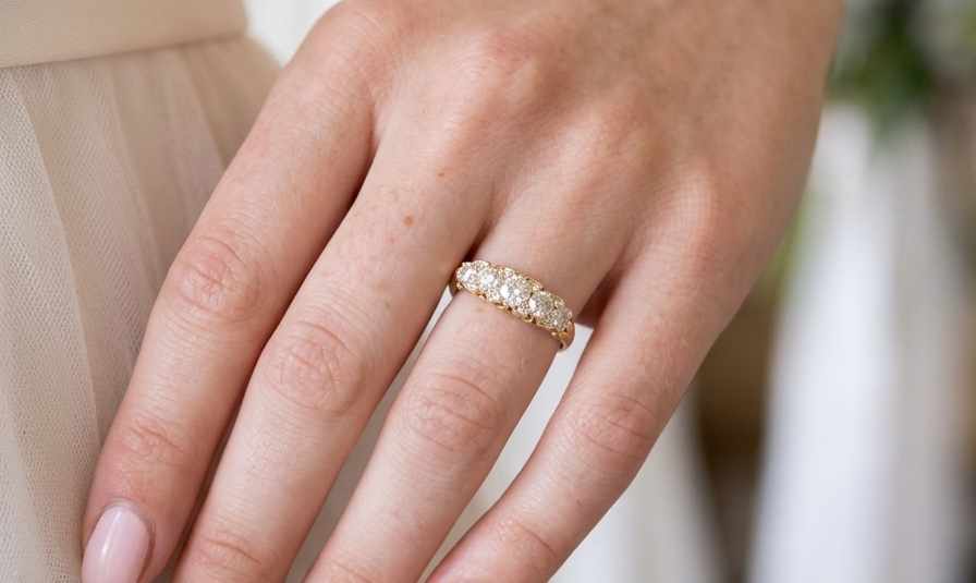 hand An antique boat shaped five stone ring. Set with five old cut white diamonds. Centre 5mm (0.45-0.50 carats) each side a 4mm stone, at each end a 2.4mm stone. Total diamond content estimated at one carat.