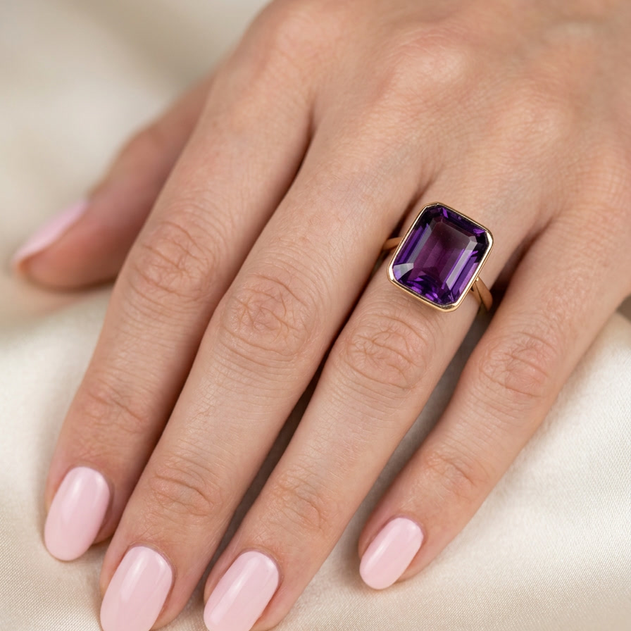 hand An antique dress ring that features a rectangular cut amethyst. Very dark purple, measures 12x10mm. Rim setting.