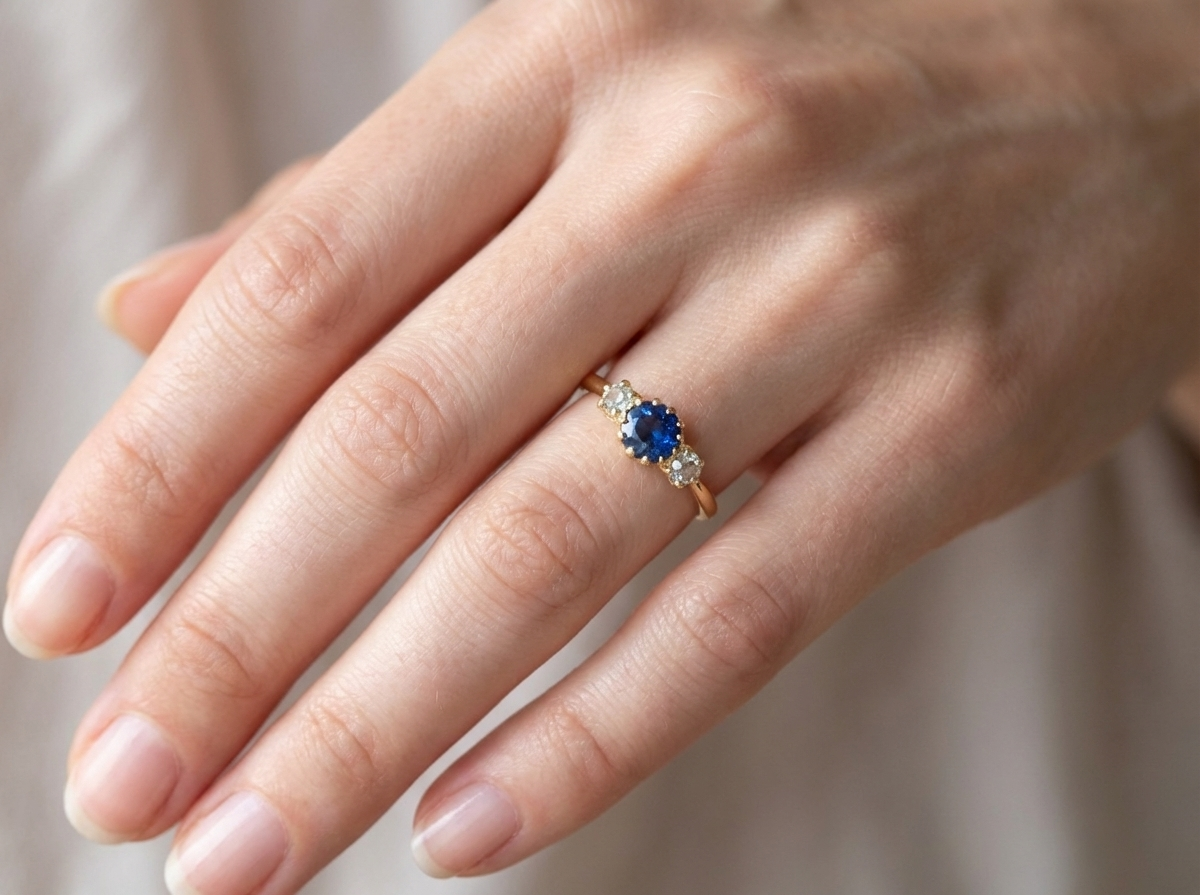 hand An early 20th-century trilogy ring set with a mid to dark cornflower blue sapphire,