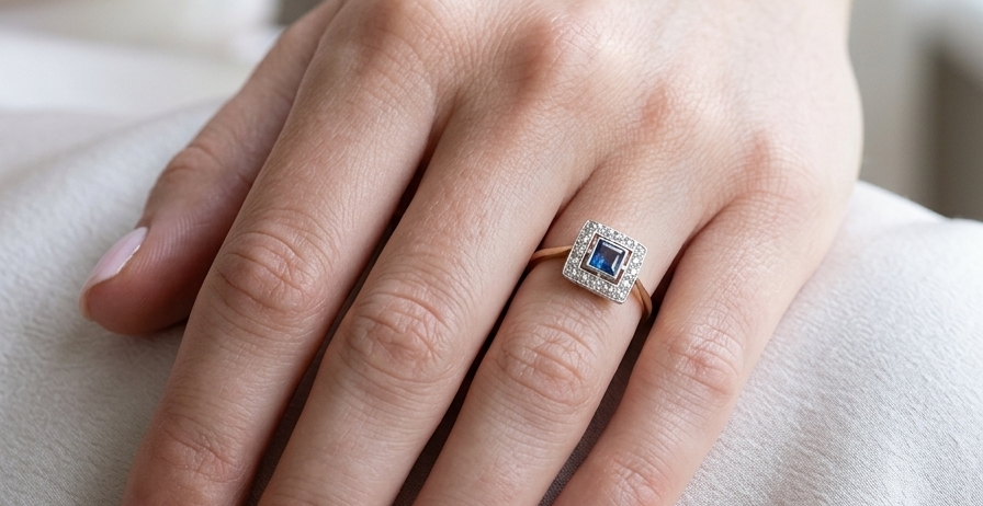 hand An early 20th century square cluster ring. Features a square inky black blue sapphire, 4x4mm (est 0.25 carats) mille grain set.