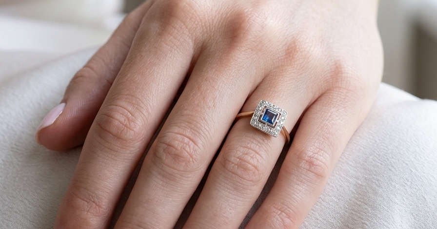 hand An early 20th century square cluster ring. Features a square inky black blue sapphire, 4x4mm (est 0.25 carats) mille grain set.