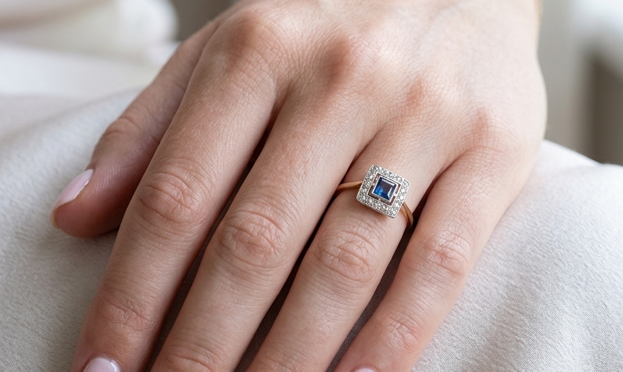 hand An early 20th century square cluster ring. Features a square inky black blue sapphire, 4x4mm (est 0.25 carats) mille grain set.