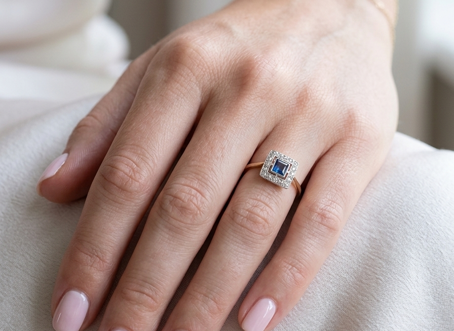 hand An early 20th century square cluster ring. Features a square inky black blue sapphire, 4x4mm (est 0.25 carats) mille grain set.