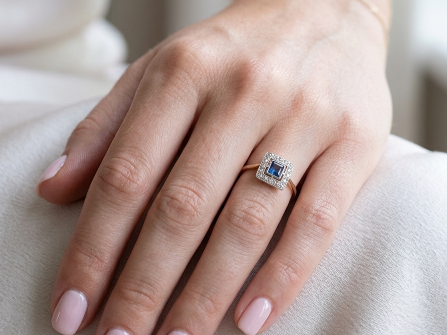 hand An early 20th century square cluster ring. Features a square inky black blue sapphire, 4x4mm (est 0.25 carats) mille grain set.