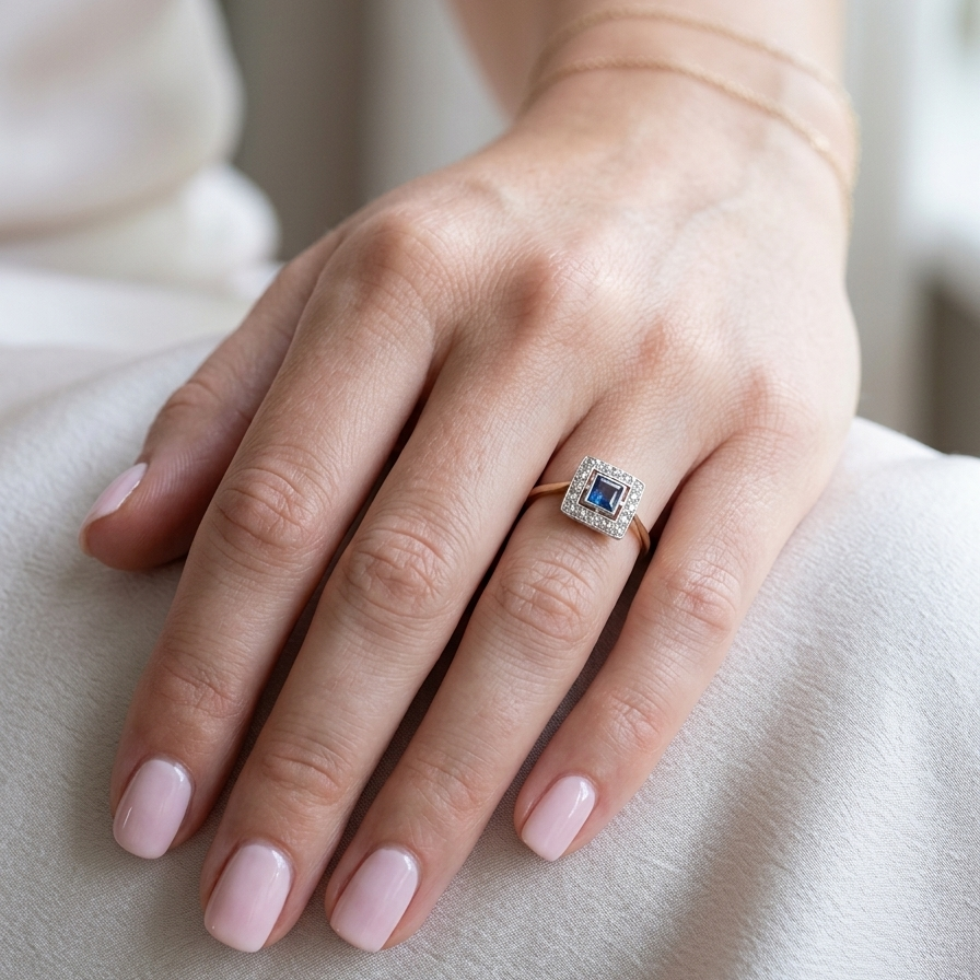 hand An early 20th century square cluster ring. Features a square inky black blue sapphire, 4x4mm (est 0.25 carats) mille grain set.