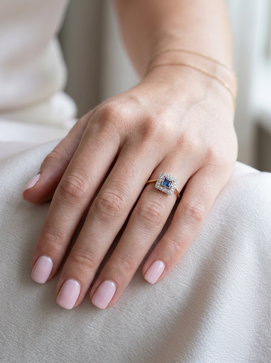 hand An early 20th century square cluster ring. Features a square inky black blue sapphire, 4x4mm (est 0.25 carats) mille grain set.