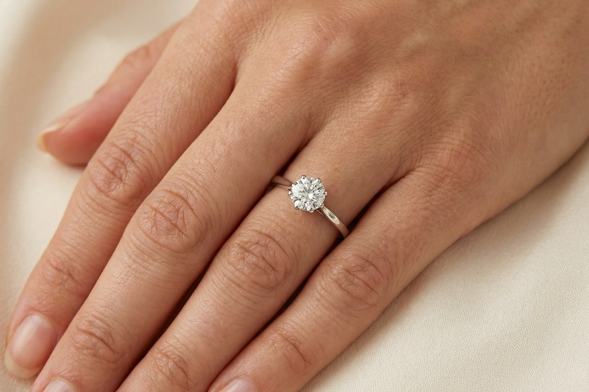 hand An elegant single-stone solitaire ring set with an exceptional brilliant-cut white diamond, estimated at approximately 0.91 carats.