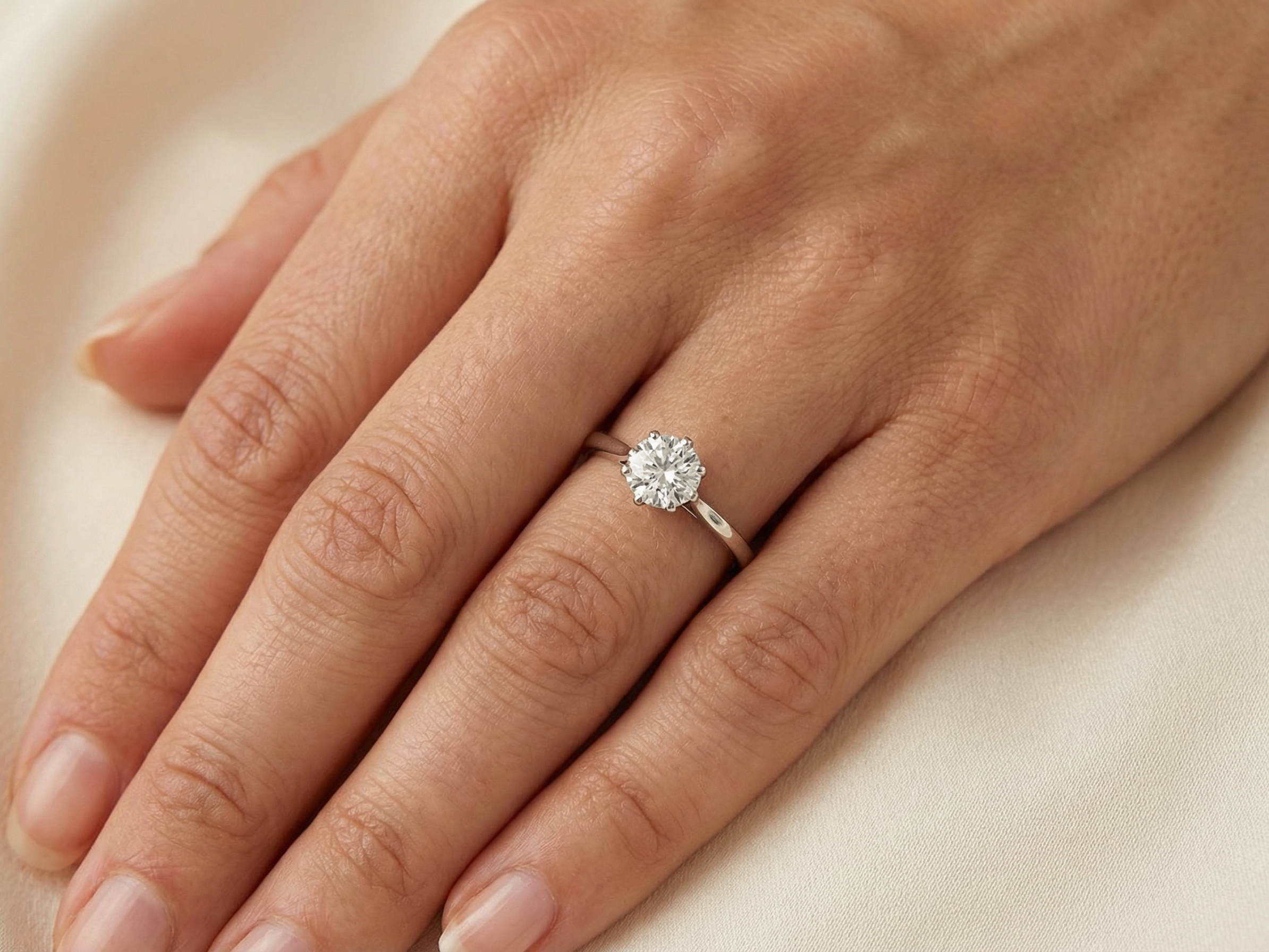 hand An elegant single-stone solitaire ring set with an exceptional brilliant-cut white diamond, estimated at approximately 0.91 carats.