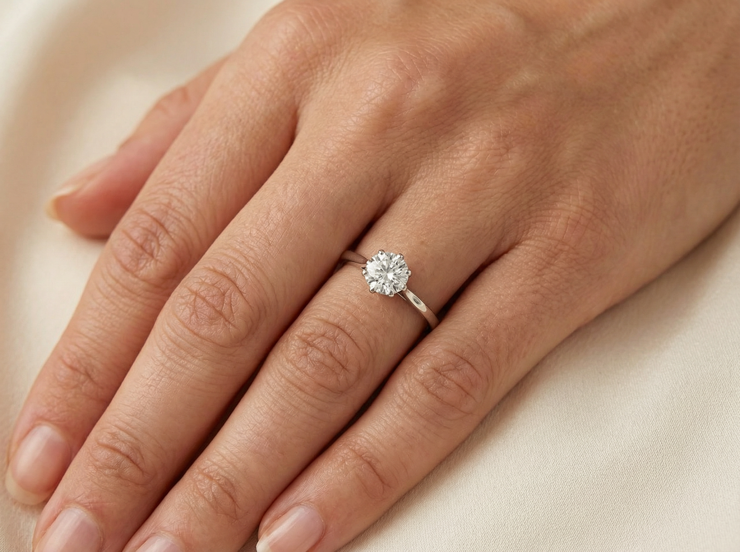 hand An elegant single-stone solitaire ring set with an exceptional brilliant-cut white diamond, estimated at approximately 0.91 carats.