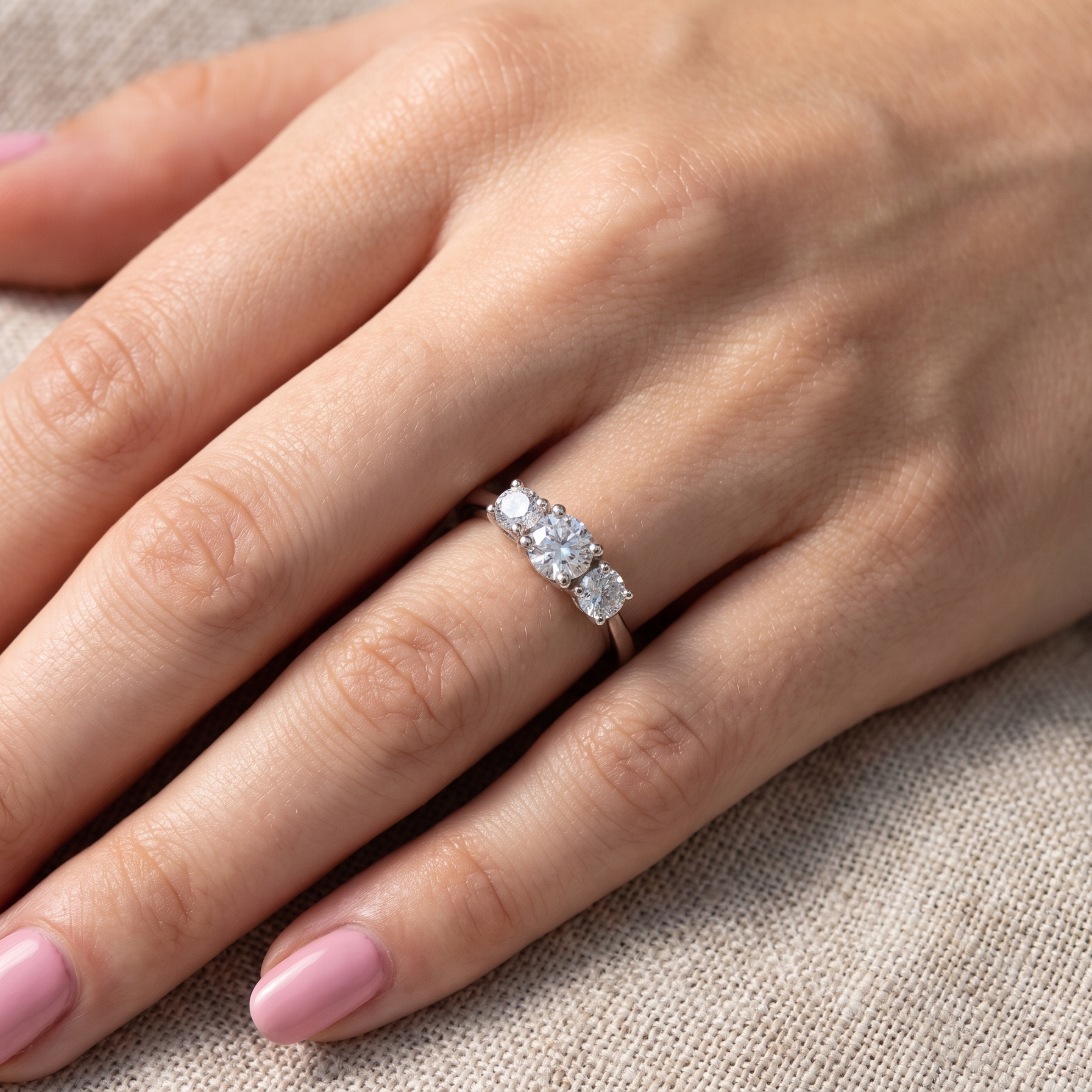 hand An exceptional three stone diamond trilogy ring, beautifully crafted in platinum and set with three modern brilliant cut white diamonds.