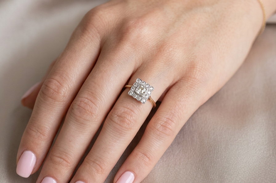 hand An exquisite Art Deco diamond cluster ring, beautifully handcrafted and rich in period charm.
At its centre sits a striking rectangular cut diamond measuring approximately 5 x 4.8mm, estimated at 0.50 carats,