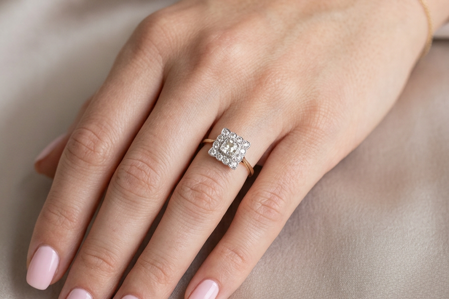 hand An exquisite Art Deco diamond cluster ring, beautifully handcrafted and rich in period charm.
At its centre sits a striking rectangular cut diamond measuring approximately 5 x 4.8mm, estimated at 0.50 carats,