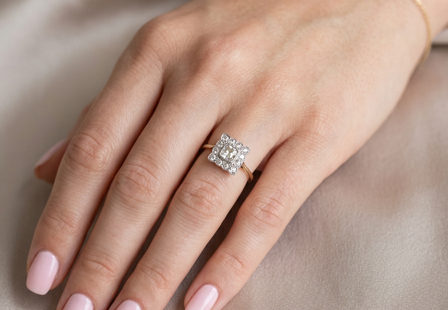 hand An exquisite Art Deco diamond cluster ring, beautifully handcrafted and rich in period charm.
At its centre sits a striking rectangular cut diamond measuring approximately 5 x 4.8mm, estimated at 0.50 carats,