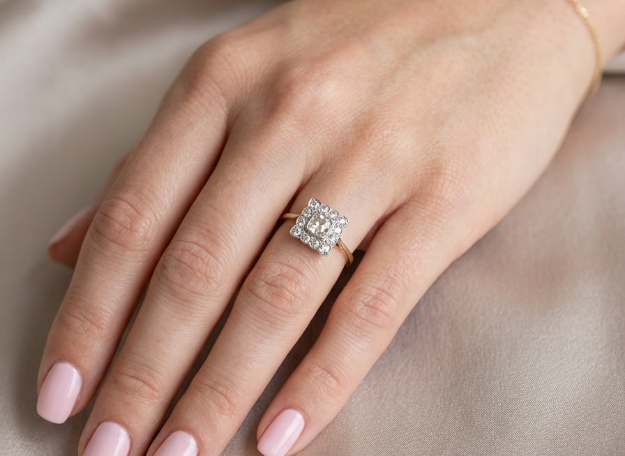 hand An exquisite Art Deco diamond cluster ring, beautifully handcrafted and rich in period charm.
At its centre sits a striking rectangular cut diamond measuring approximately 5 x 4.8mm, estimated at 0.50 carats,