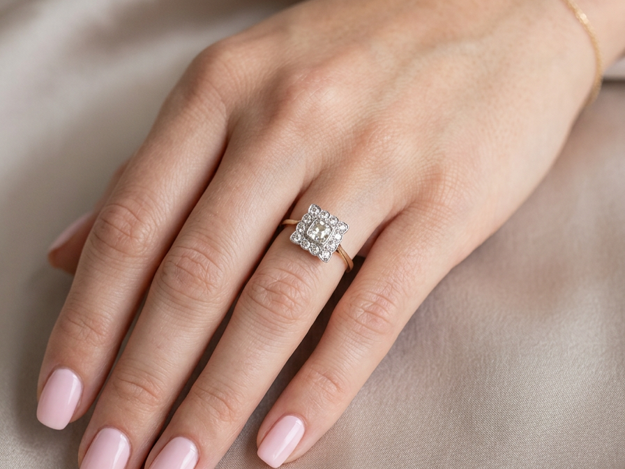 hand An exquisite Art Deco diamond cluster ring, beautifully handcrafted and rich in period charm.
At its centre sits a striking rectangular cut diamond measuring approximately 5 x 4.8mm, estimated at 0.50 carats,