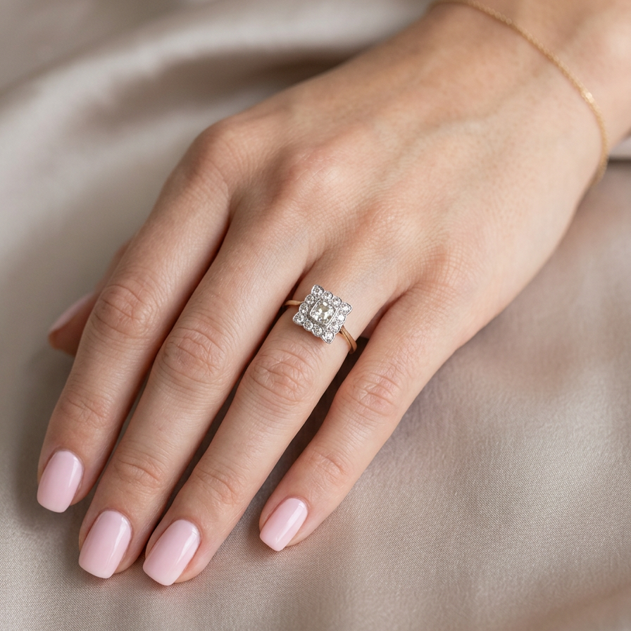 hand An exquisite Art Deco diamond cluster ring, beautifully handcrafted and rich in period charm.
At its centre sits a striking rectangular cut diamond measuring approximately 5 x 4.8mm, estimated at 0.50 carats,