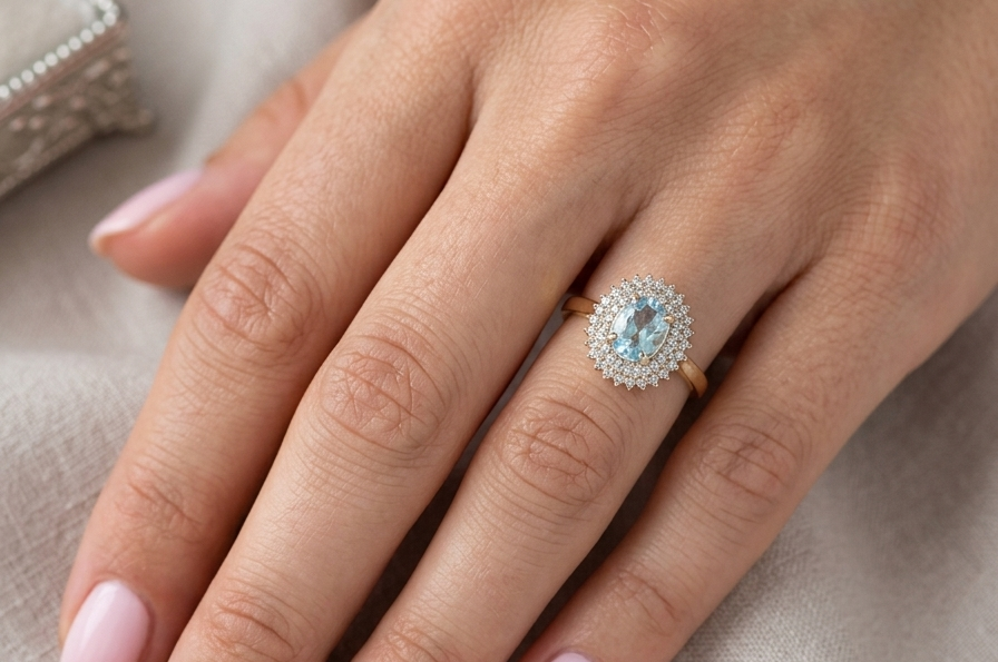 hand An impressive cluster ring that features to the centre an oval cut blue topaz gemstone, 8x6mm sky blue colour.
Complimented by an outer double halo of diamonds