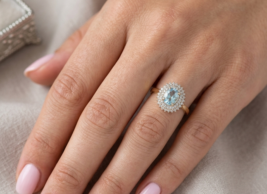 hand An impressive cluster ring that features to the centre an oval cut blue topaz gemstone, 8x6mm sky blue colour.
Complimented by an outer double halo of diamonds
