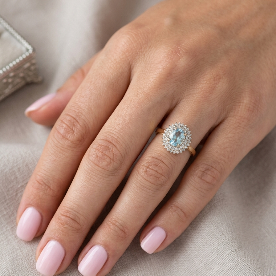 hand An impressive cluster ring that features to the centre an oval cut blue topaz gemstone, 8x6mm sky blue colour.
Complimented by an outer double halo of diamonds