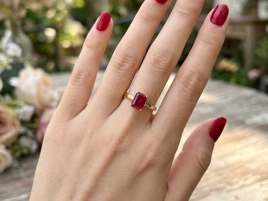 hand An impressive solitaire ring set with a rectangular cut red spinel stone. Measures 8x6mm.