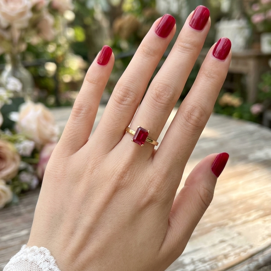 hand An impressive solitaire ring set with a rectangular cut red spinel stone. Measures 8x6mm.