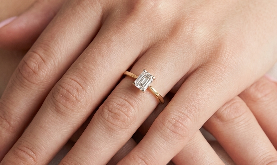 hand Elegant and timeless, this solitaire ring features a beautifully cut emerald-cut diamond measuring 5 x 4mm, confirmed at approximately 0.40 carats. The diamond is graded J colour and VS clarity, offering excellent sparkle and impressive clarity for everyday wear or a meaningful occasion piece.