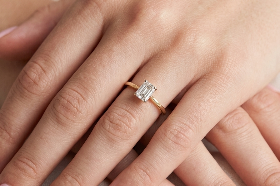 hand Elegant and timeless, this solitaire ring features a beautifully cut emerald-cut diamond measuring 5 x 4mm, confirmed at approximately 0.40 carats. The diamond is graded J colour and VS clarity, offering excellent sparkle and impressive clarity for everyday wear or a meaningful occasion piece.