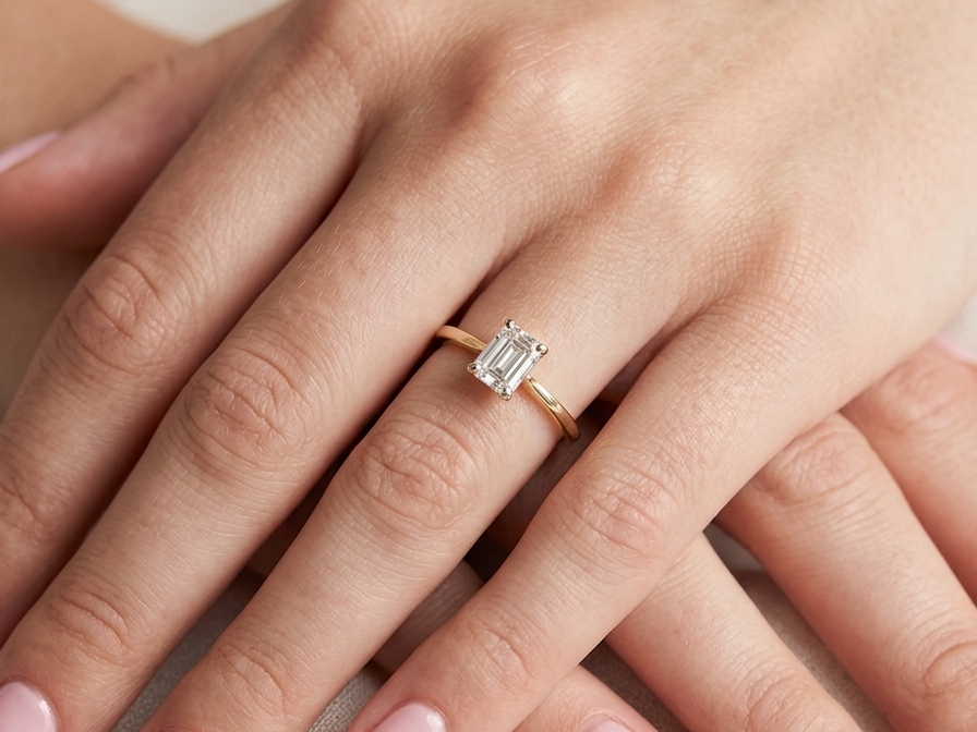 hand Elegant and timeless, this solitaire ring features a beautifully cut emerald-cut diamond measuring 5 x 4mm, confirmed at approximately 0.40 carats. The diamond is graded J colour and VS clarity, offering excellent sparkle and impressive clarity for everyday wear or a meaningful occasion piece.