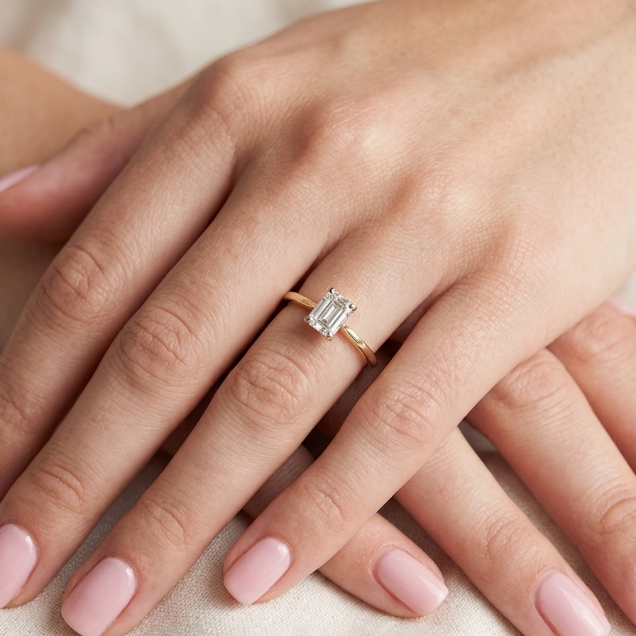 hand Elegant and timeless, this solitaire ring features a beautifully cut emerald-cut diamond measuring 5 x 4mm, confirmed at approximately 0.40 carats. The diamond is graded J colour and VS clarity, offering excellent sparkle and impressive clarity for everyday wear or a meaningful occasion piece.