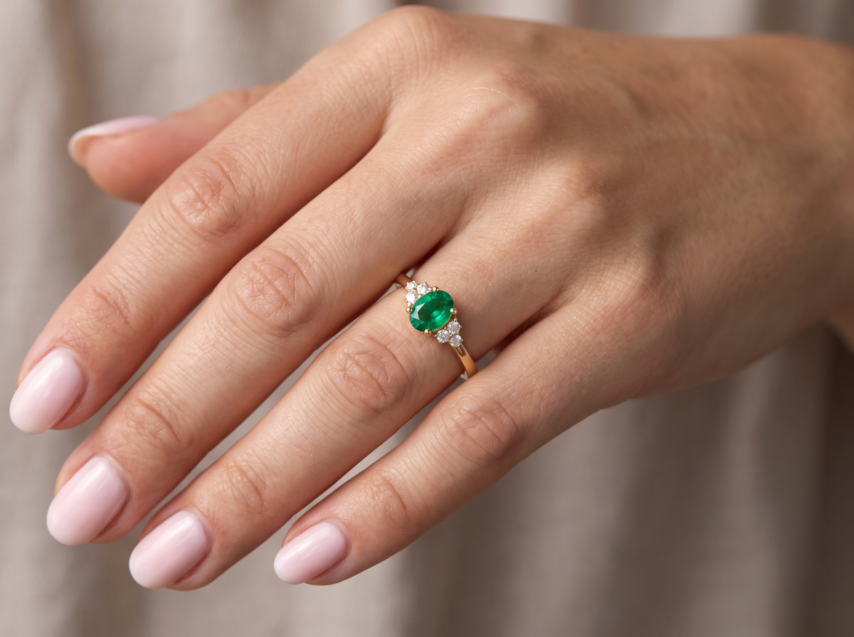 A close-up of a hand wearing a gold ring with a round green emerald-cut center stone and small clear accent stones on either side, set against a soft beige background.