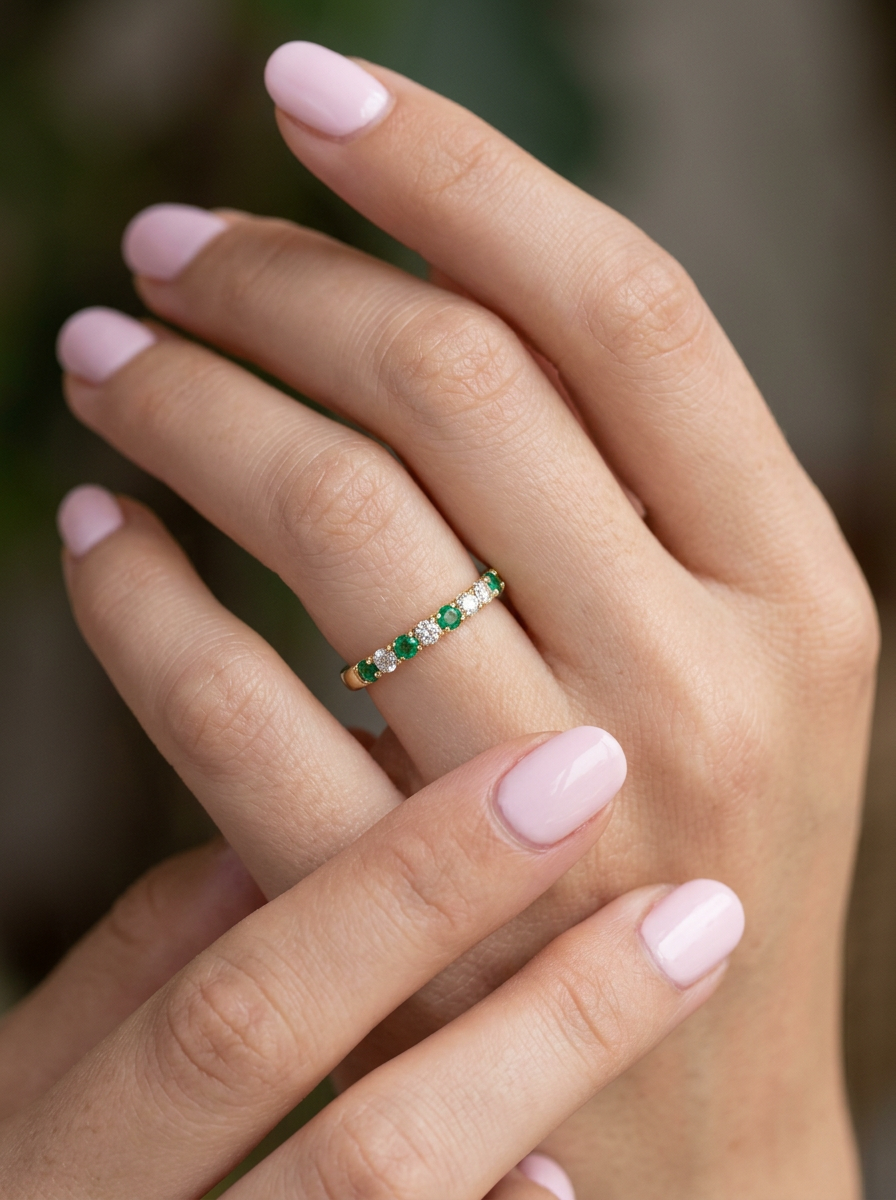 hand This ring is set with six bright green emeralds, each 2mm, (est 0.25 carats) and five 2mm brilliant cut white diamonds.