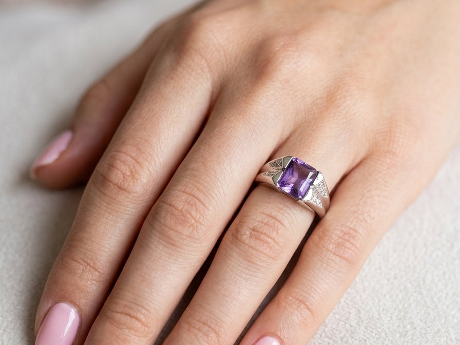 hand beautiful dress ring crafted in 14ct white gold (stamped 585), featuring a stunning rectangular-cut Tanzanite measuring approximately 9 x 7.5mm, estimated at 2.5 carats.