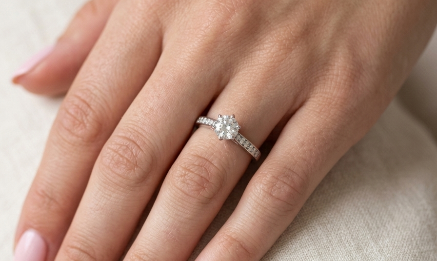 hand beautiful platinum solitaire ring featuring a brilliant-cut white diamond, claw set, measuring 4.8mm and weighing approximately 0.65ct. Diamond graded I colour, SI1 clarity, with an 88-facet cut.
