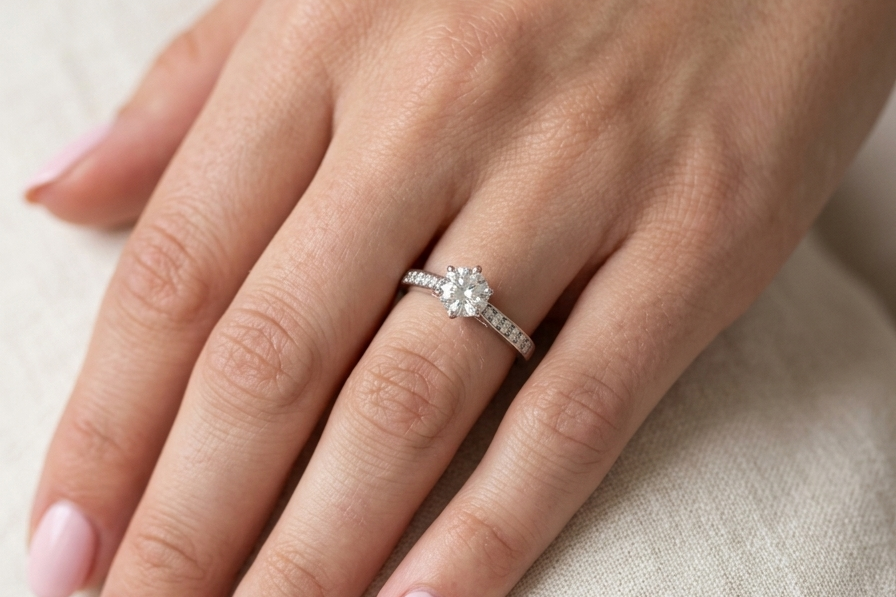 hand beautiful platinum solitaire ring featuring a brilliant-cut white diamond, claw set, measuring 4.8mm and weighing approximately 0.65ct. Diamond graded I colour, SI1 clarity, with an 88-facet cut.