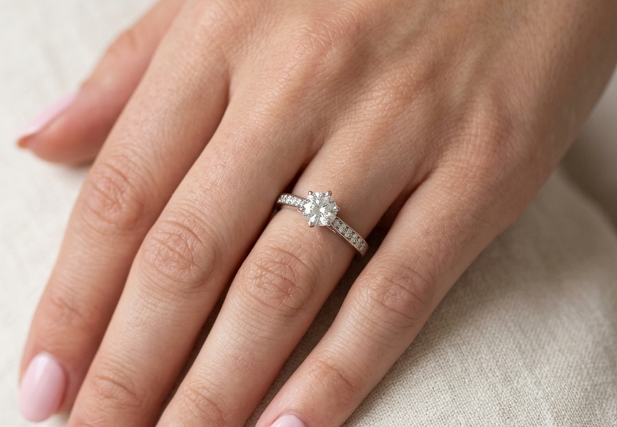 hand beautiful platinum solitaire ring featuring a brilliant-cut white diamond, claw set, measuring 4.8mm and weighing approximately 0.65ct. Diamond graded I colour, SI1 clarity, with an 88-facet cut.