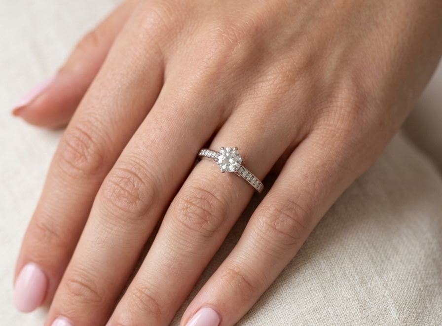 hand beautiful platinum solitaire ring featuring a brilliant-cut white diamond, claw set, measuring 4.8mm and weighing approximately 0.65ct. Diamond graded I colour, SI1 clarity, with an 88-facet cut.