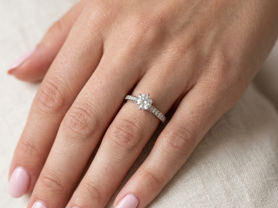 hand beautiful platinum solitaire ring featuring a brilliant-cut white diamond, claw set, measuring 4.8mm and weighing approximately 0.65ct. Diamond graded I colour, SI1 clarity, with an 88-facet cut.
