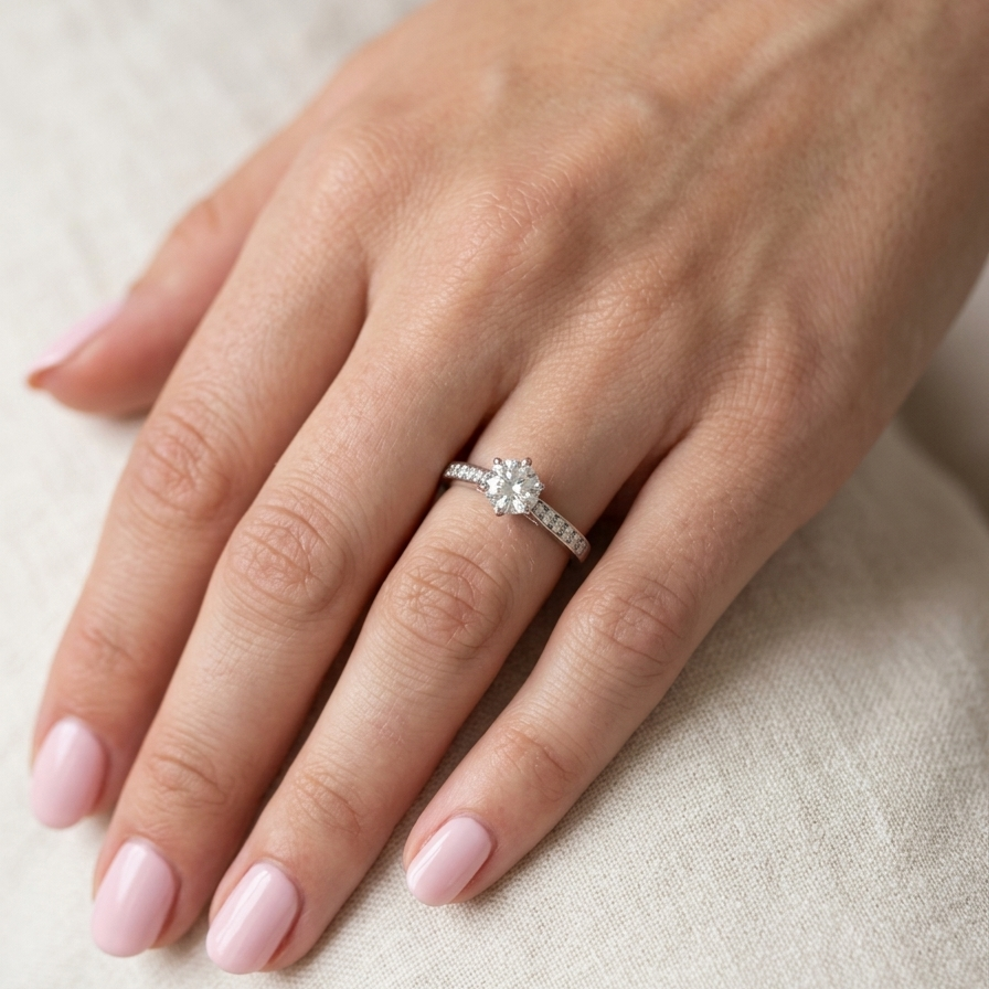 hand beautiful platinum solitaire ring featuring a brilliant-cut white diamond, claw set, measuring 4.8mm and weighing approximately 0.65ct. Diamond graded I colour, SI1 clarity, with an 88-facet cut.