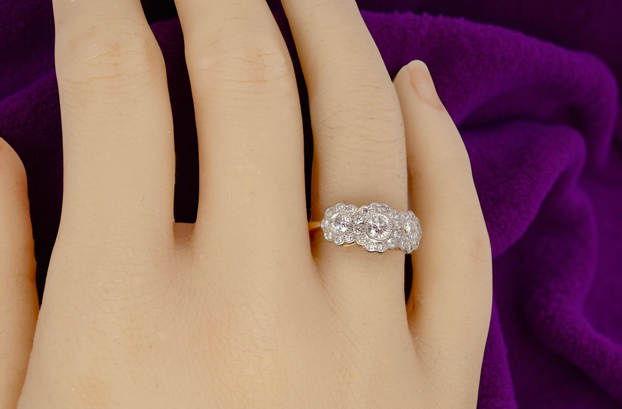 hand charming vintage triple cluster diamond ring,