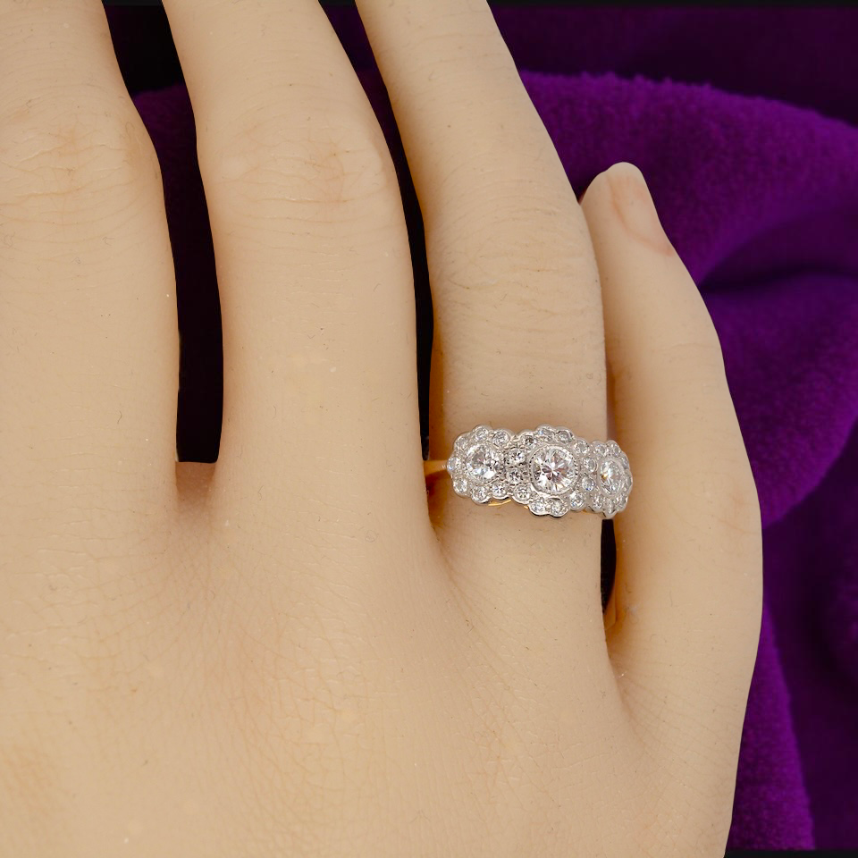 hand charming vintage triple cluster diamond ring,