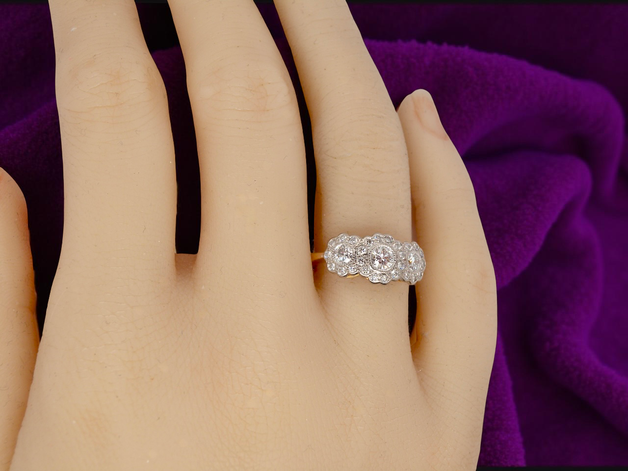 hand charming vintage triple cluster diamond ring,